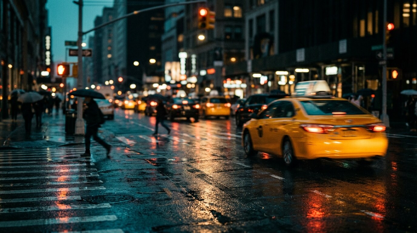 Urban crosswalk painted in white stripes on wet pavement at an intersection