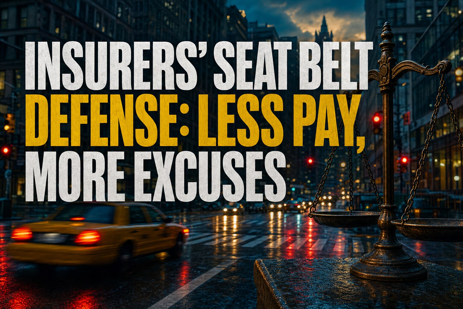 Rain-slick urban intersection at dusk with blurred yellow taxi tail lights in motion and teal-amber color grade