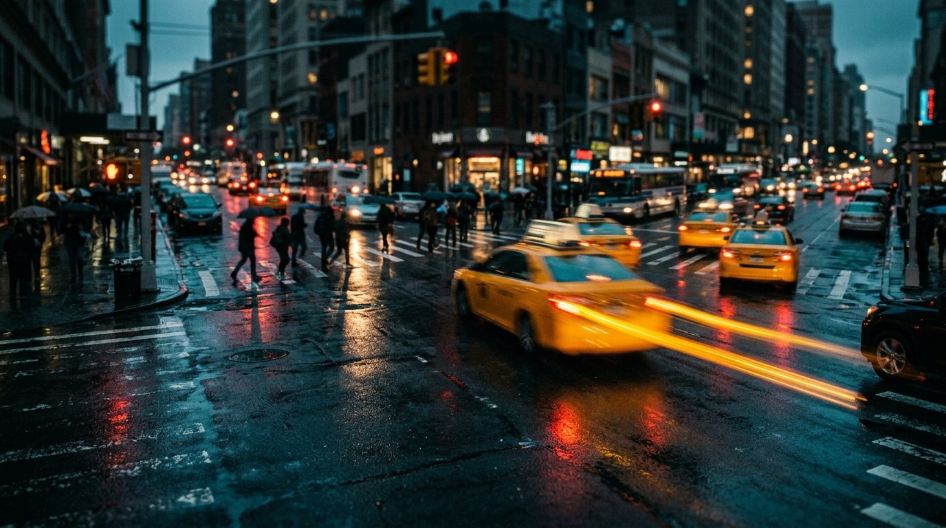 Rain-slick city intersection at dusk with a rideshare car and oncoming headlights