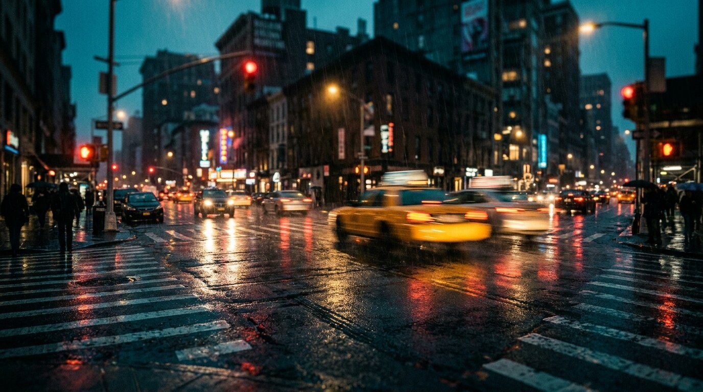 Rideshare car stopped at a rain-slick city intersection at night