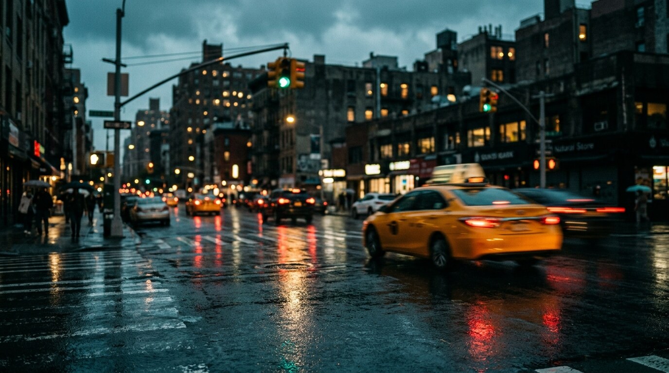 Rain-slick city intersection at dusk with a rideshare vehicle waiting at the light