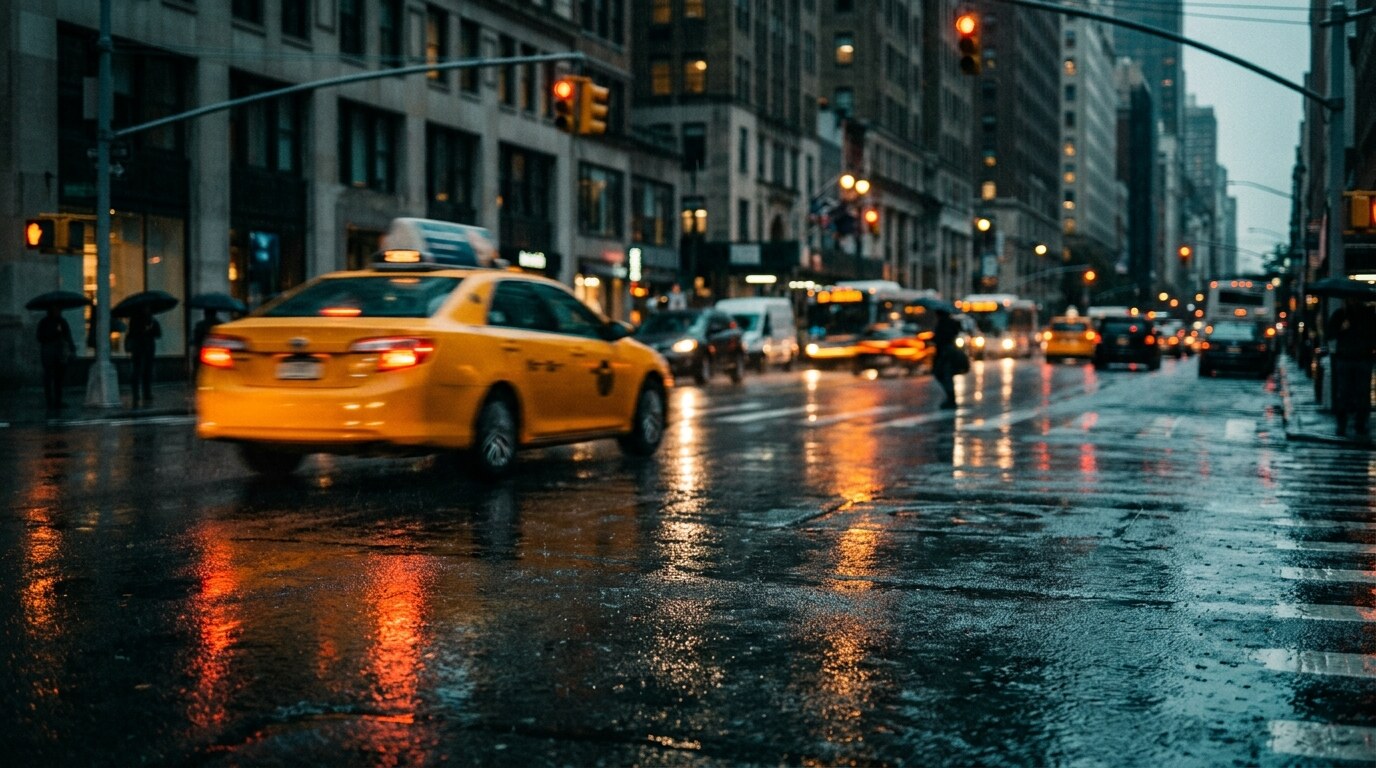Multi-car pile-up on a wet freeway at dusk