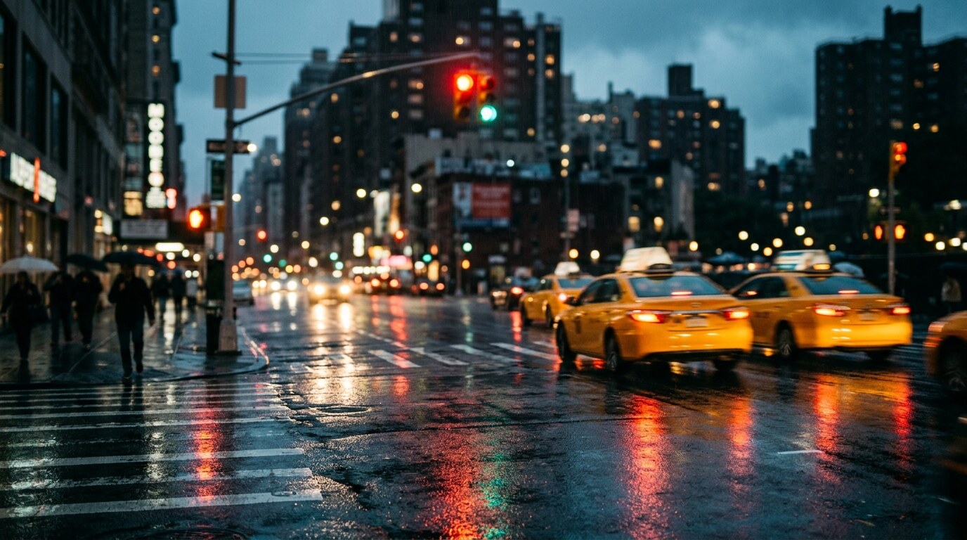 Multi-vehicle collision scene on a wet highway