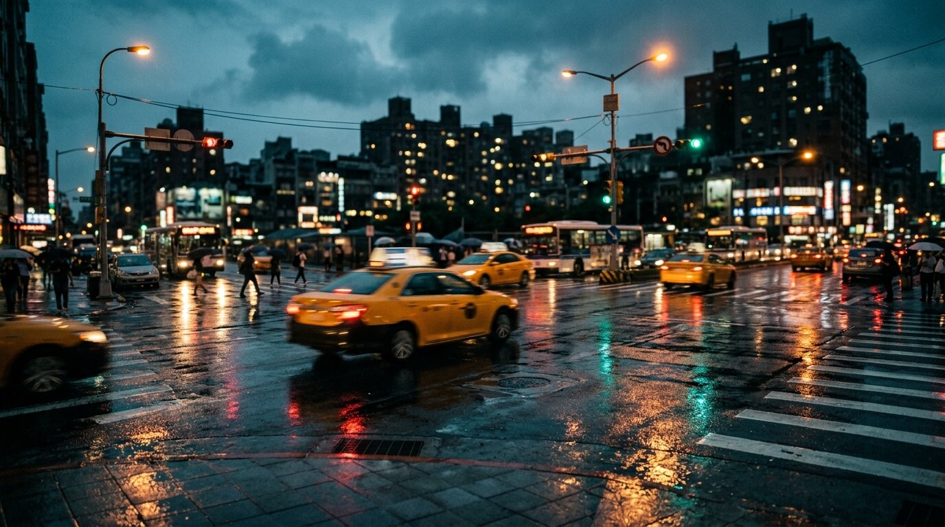 Cracked asphalt pothole on a rain-soaked urban road at dusk