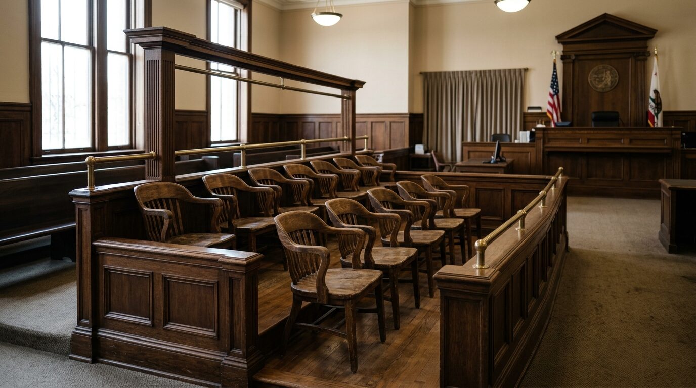 Empty wooden jury box of twelve chairs in a quiet courtroom lit by natural window light.