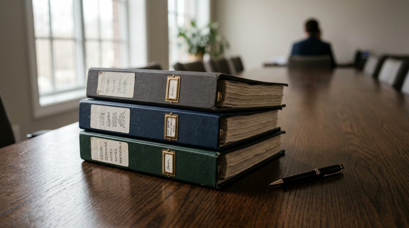 Stack of continuing legal education binders and a pen on a wooden conference table in soft window light.