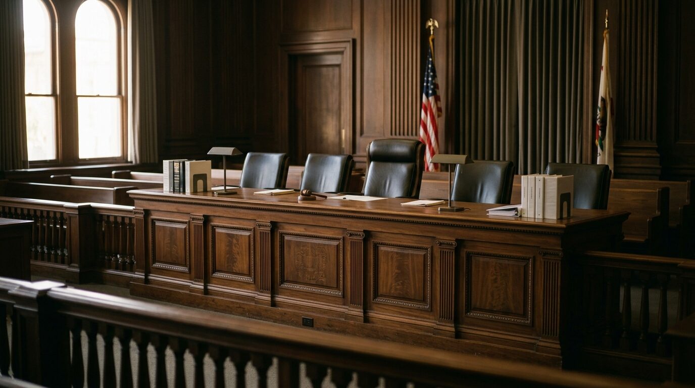 An empty California appellate courtroom bench in warm light, symbolizing de novo review of punitive damage awards.