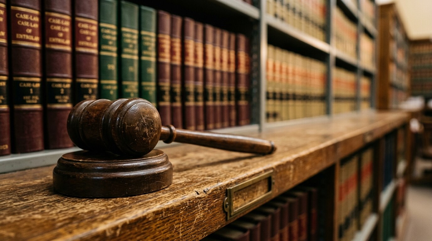 Commercial tractor-trailer stopped on a highway shoulder after a collision, with an empty courtroom jury box in the background