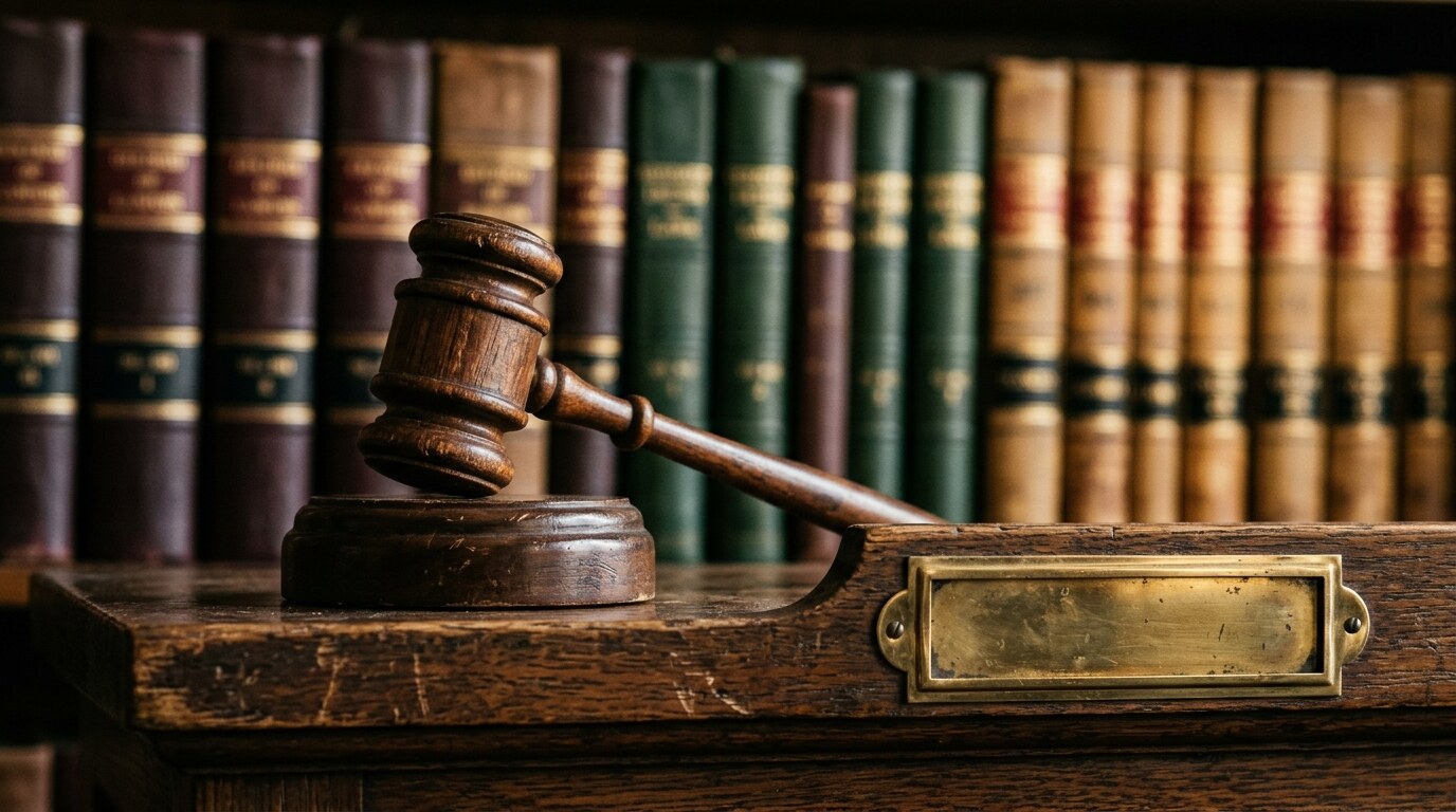 An open law book with a gavel on a wooden desk in a California courthouse