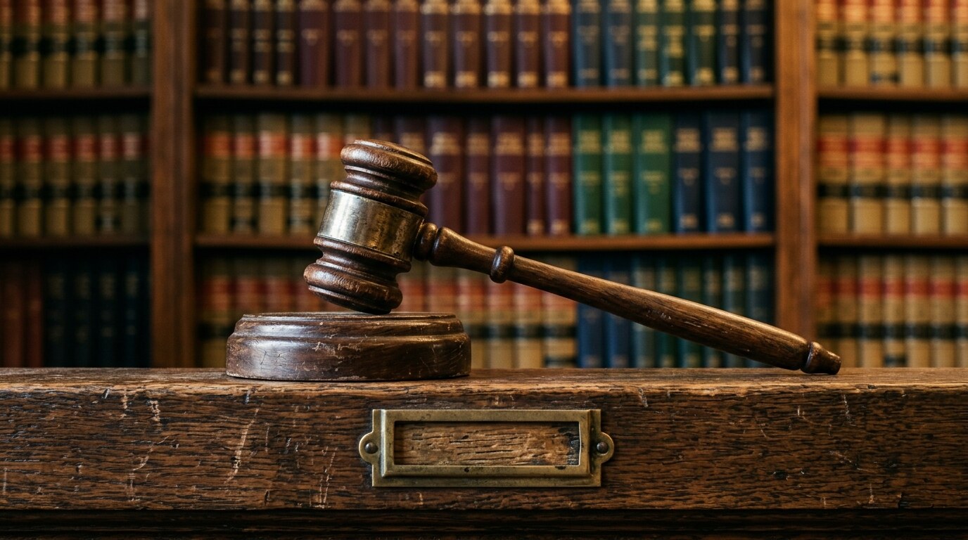 Empty courtroom bench with a state flag beside it