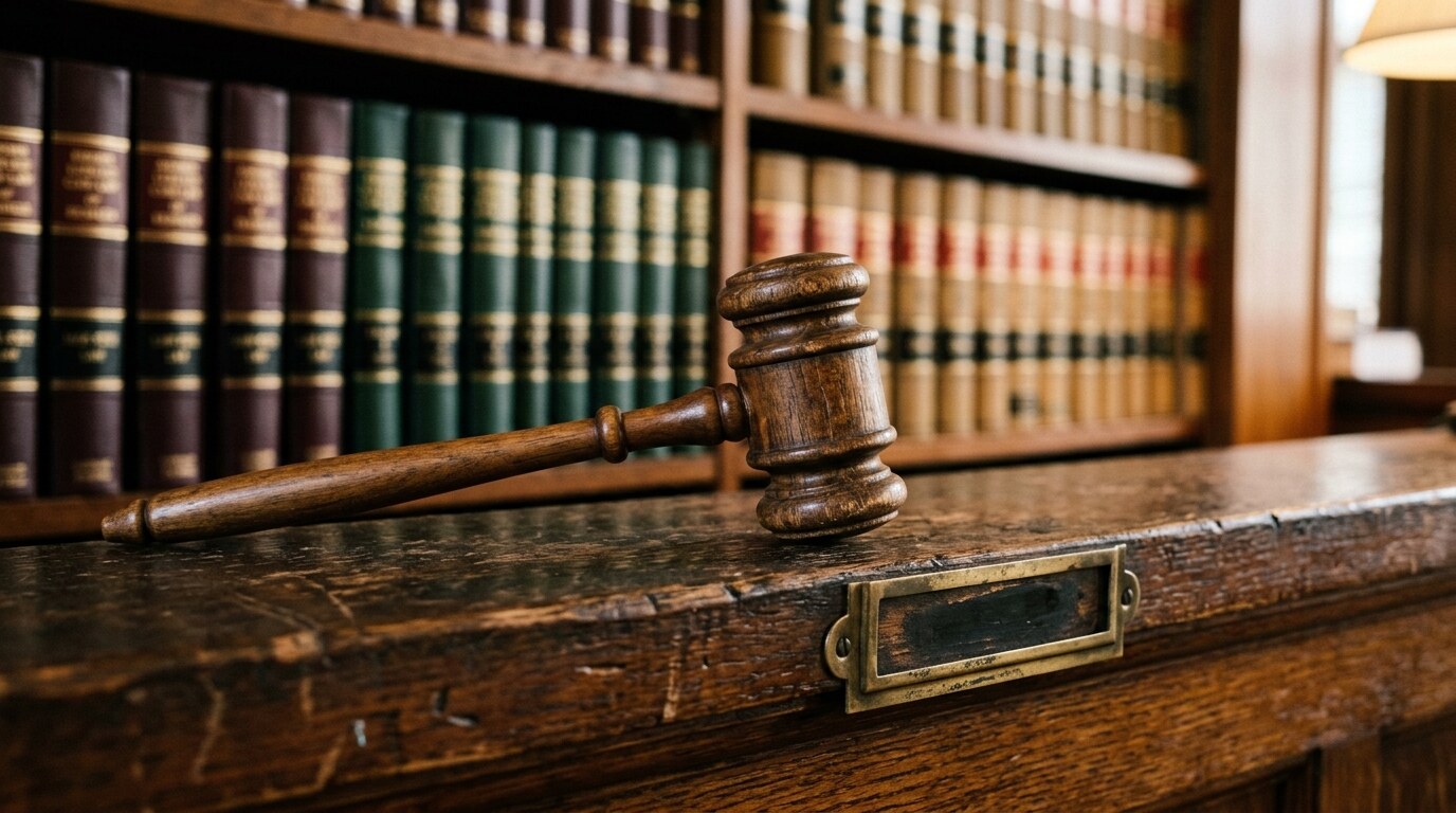 Legal documents and a gavel resting on a California court record