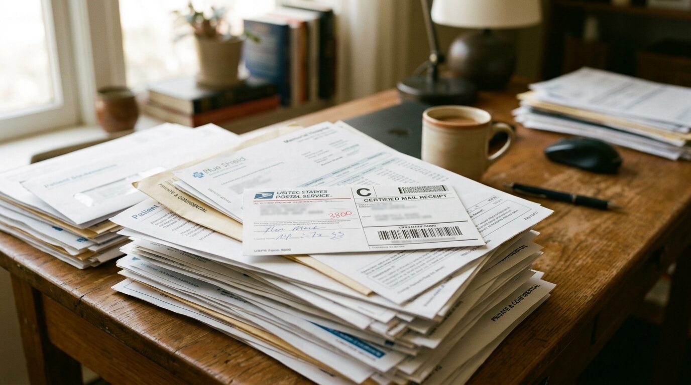 A certified mail receipt resting on a stack of medical billing statements on a desk in warm light