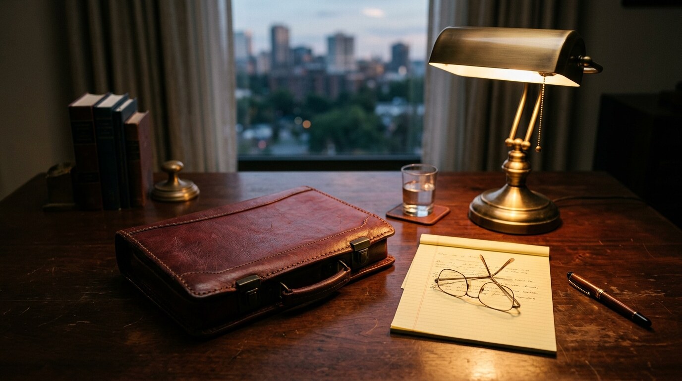 Stack of legal filings on a desk beside a courtroom bench