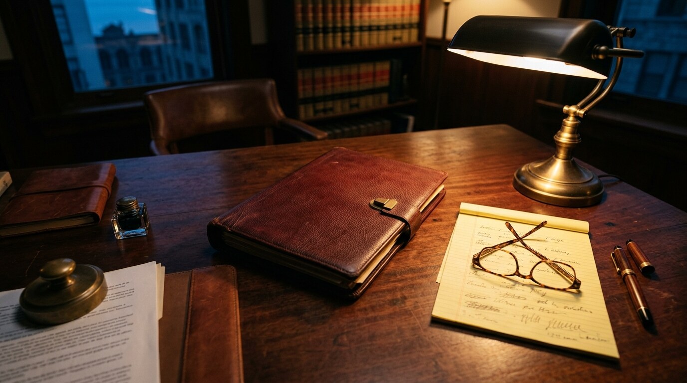 Scales of justice with a gavel on a polished wood surface in a courthouse