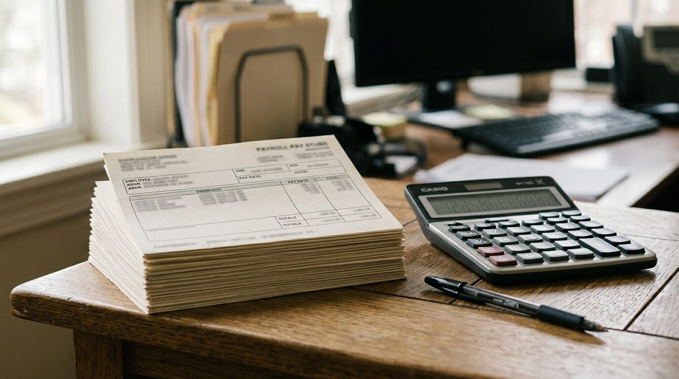 Printed payroll pay stubs stacked on a desk next to a calculator and pen under soft side lighting