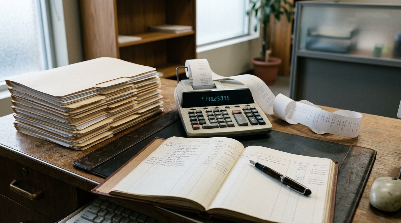 A trustee and paralegal reviewing settlement disbursement documents at a conference table