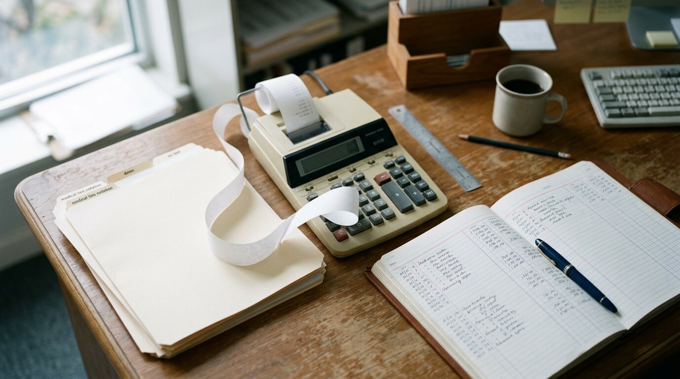 A legal settlement document with a pen and stack of files on a conference table