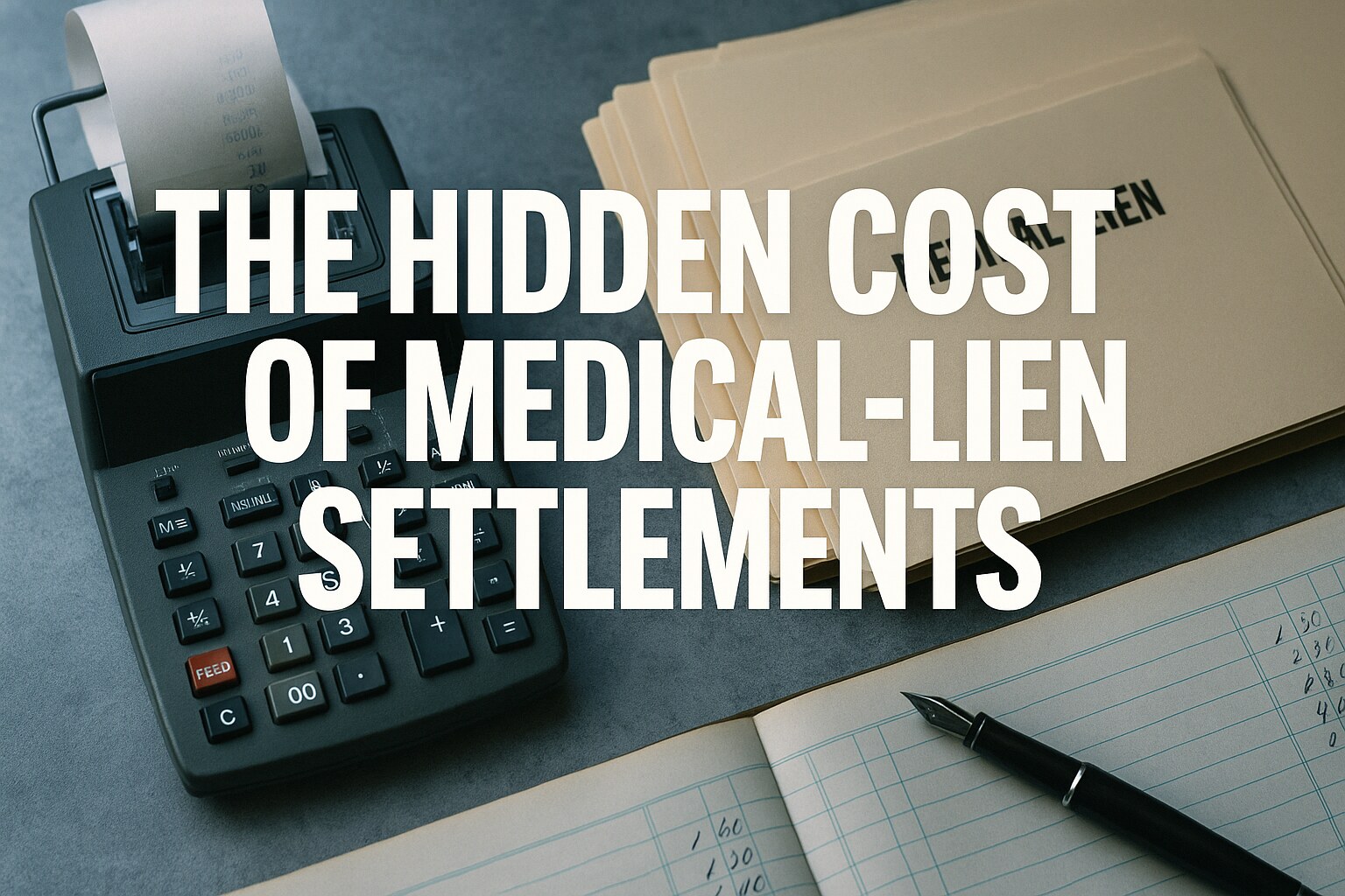 Insurance policy documents and settlement check on a legal desk