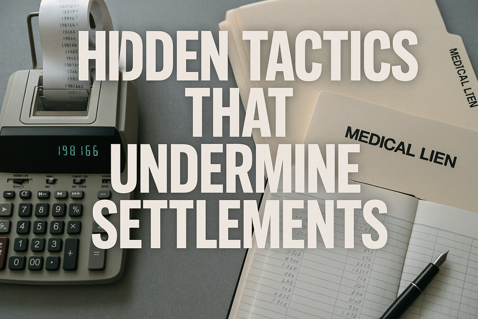 Hospital billing statement and legal documents on a desk with a scale of justice