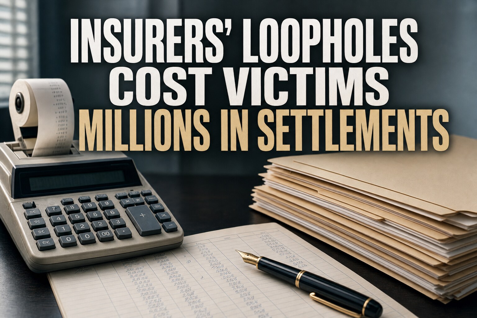Stack of insurance explanation-of-benefits documents with a highlighted line item and a ballpoint pen resting across the pages on a white desk