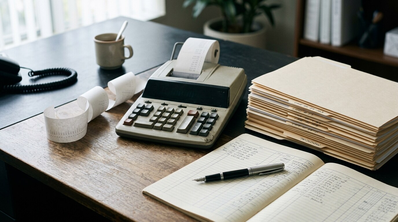Settlement disbursement statement and calculator on a desk