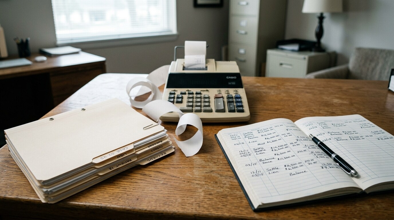 Settlement disbursement statement and Medicare paperwork with a calculator on a desk