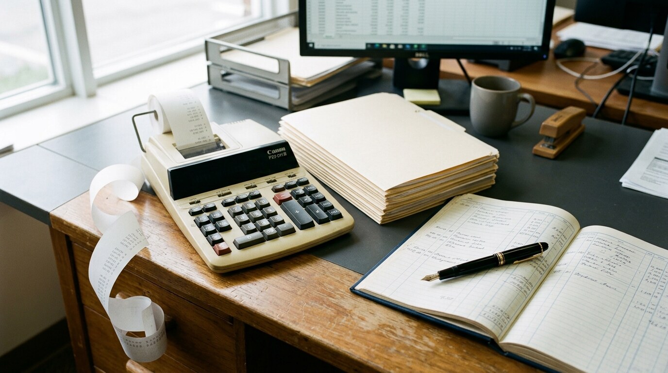 Settlement disbursement statement with pen and reading glasses