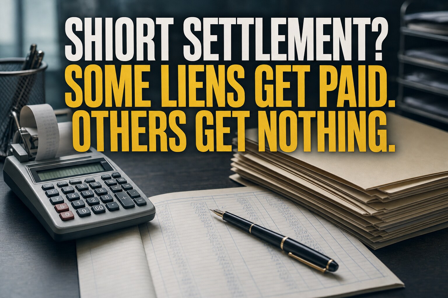 Settlement accounting desk with a printing calculator, medical-lien folders, and a fountain pen on a ledger in morning office light