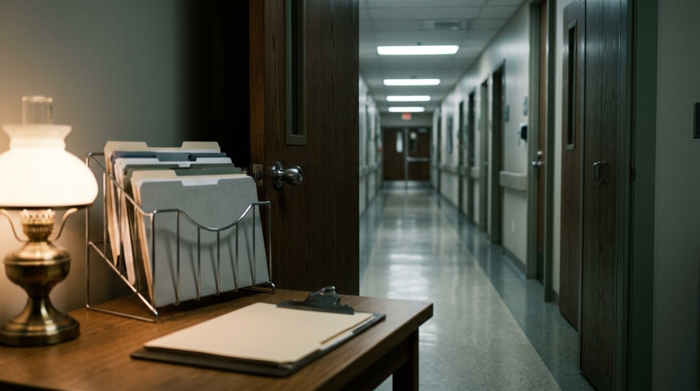 Federal courthouse facade at dawn with a closed expert report and a stethoscope on a wooden bench