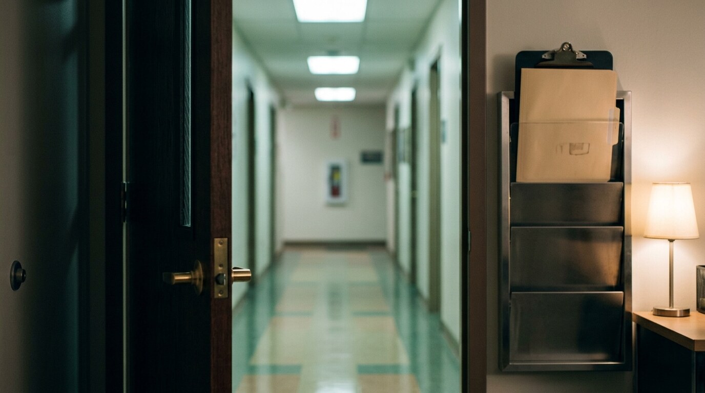 A physician reviewing a patient's chart and follow-up appointment records in a clinic exam room