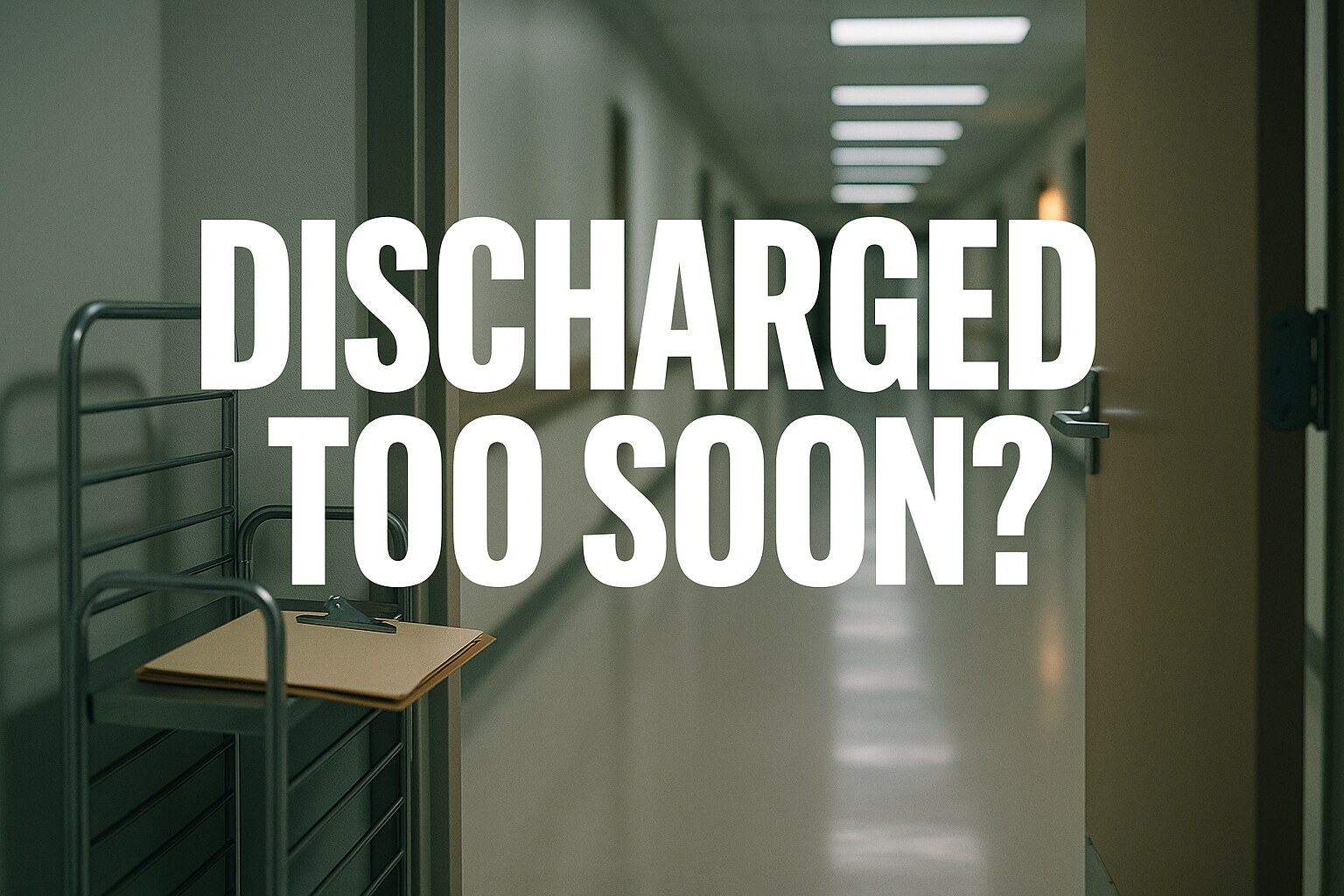 Hospital discharge paperwork on a bed with medical chart in the background