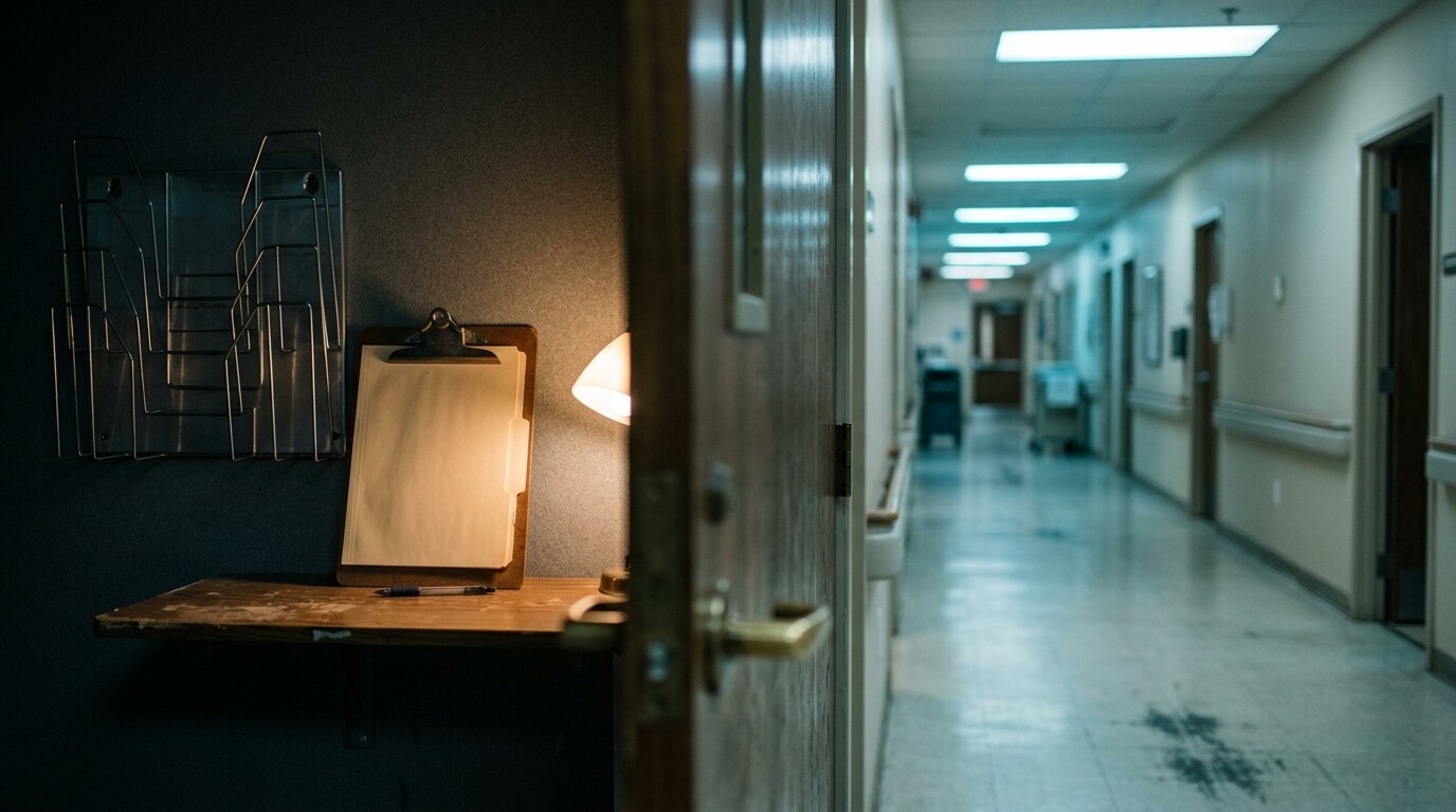 Hospital records terminal displaying a timestamped patient chart