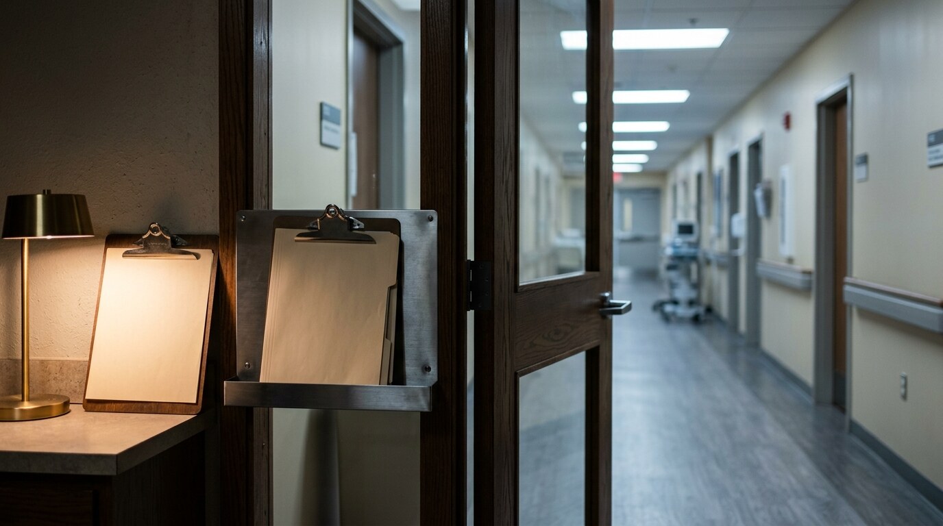 Empty hospital emergency department corridor at night