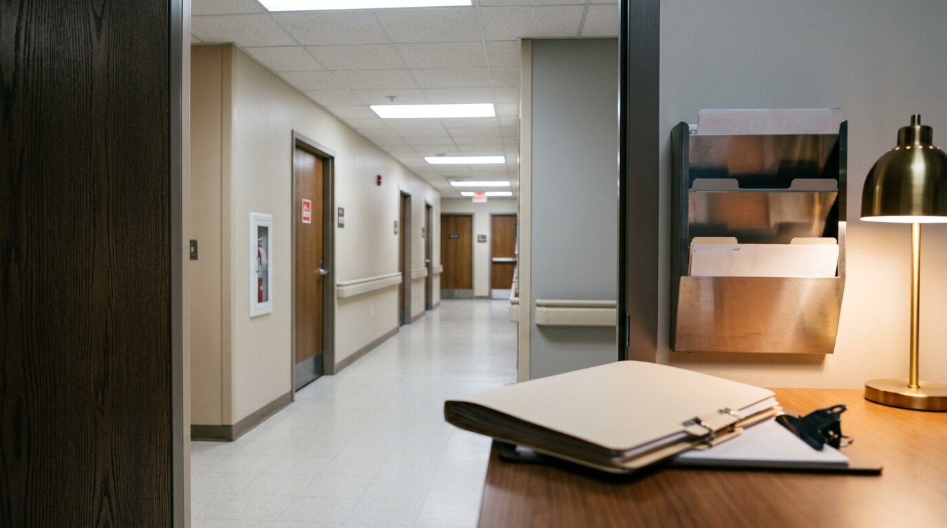 Empty hospital emergency department corridor under fluorescent light