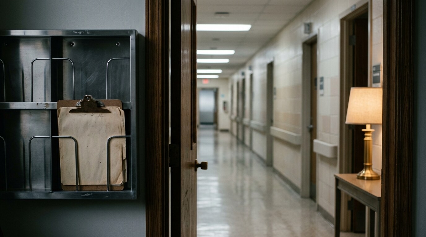 Hospital records room with rows of patient chart binders
