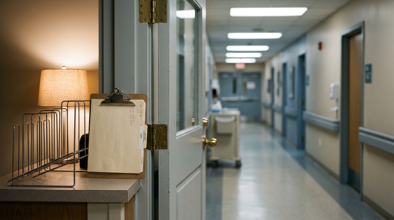 Hospital medical staff credentialing files and application folders stacked on an administrator's desk