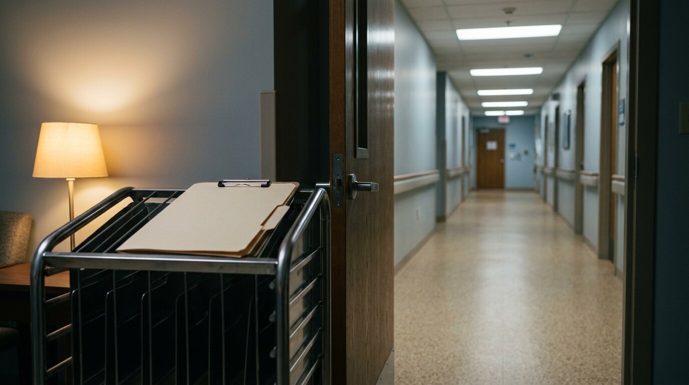 Empty operating room with surgical lights and instrument tray
