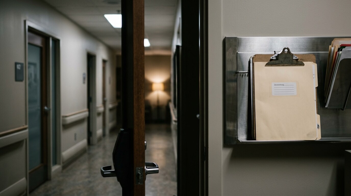 Empty hospital emergency department triage desk with an intake logbook and a wheelchair nearby