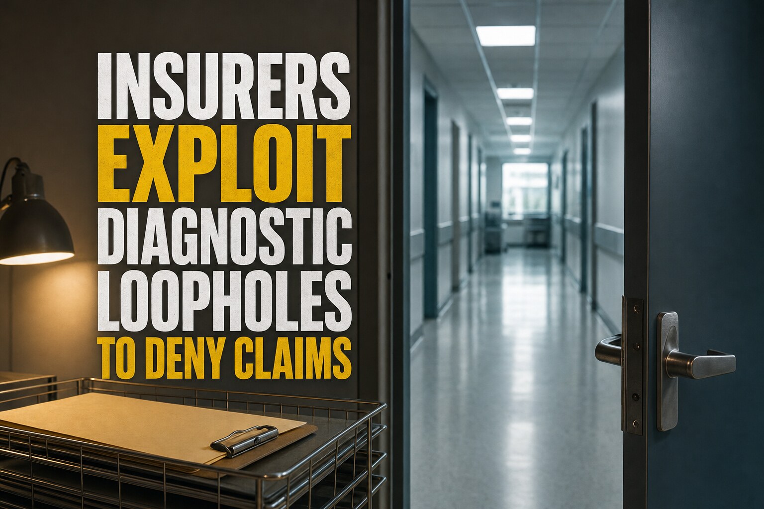 Empty hospital corridor seen through a half-open consultation room door with a closed manila folder on a clipboard