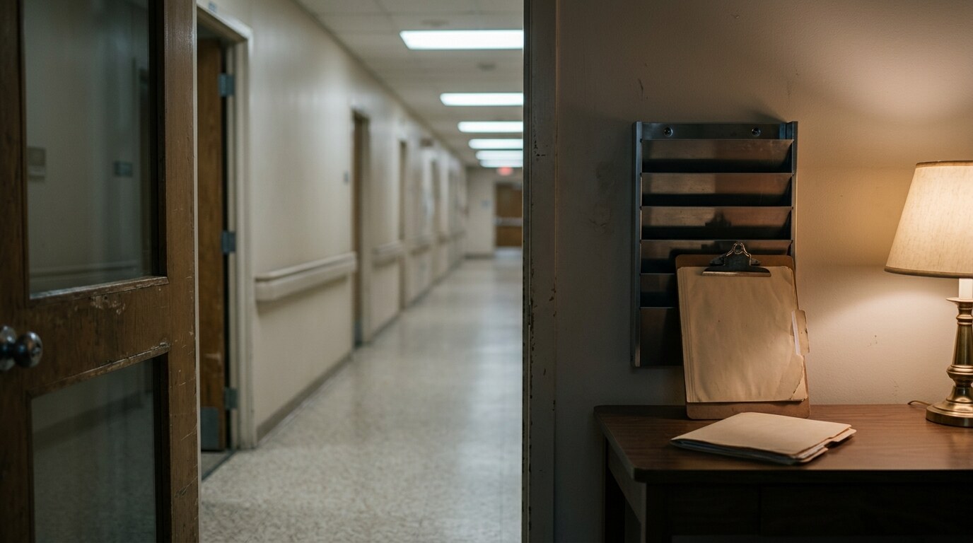 An elderly resident's hand resting on a hospital bed rail in a nursing home room
