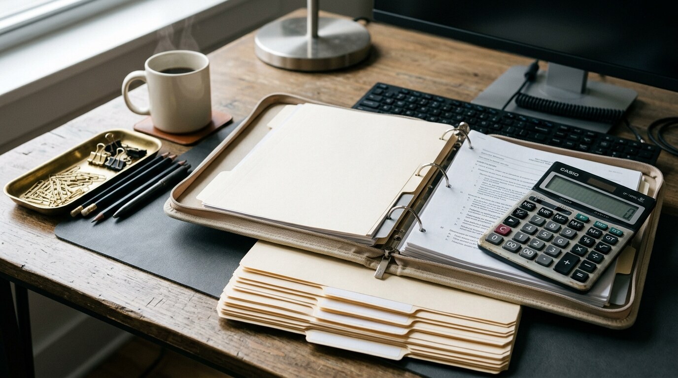 Paralegal workstation with a stack of medical records, a laptop displaying a chronology timeline, and a coffee cup at midday