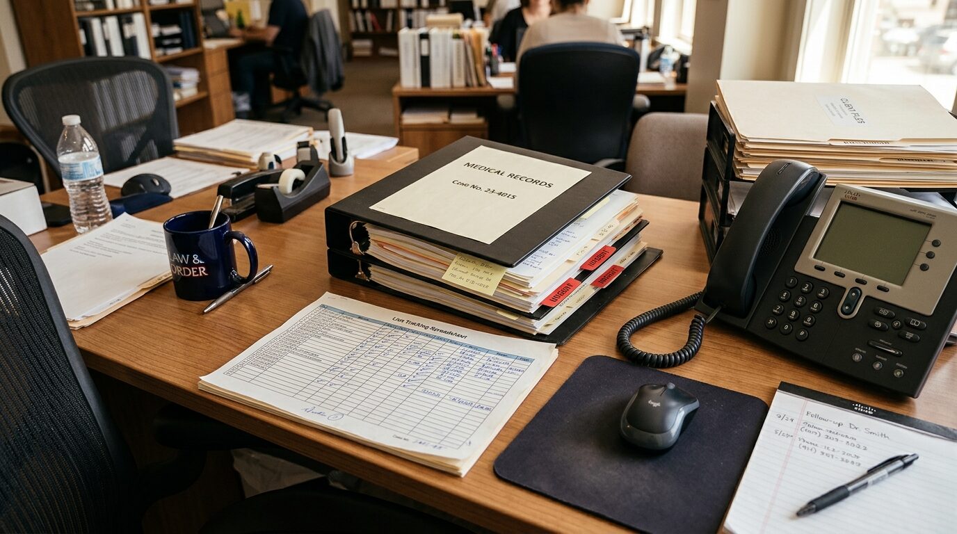 Overhead view of a paralegal's desk with a medical records binder, a printed lien-tracking spreadsheet, and a desk phone under warm office light.