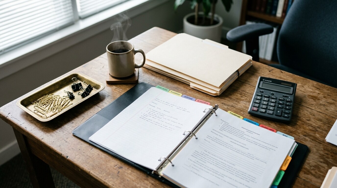 Paralegal reviewing stacked medical record folders and a copy-vendor invoice at a law firm desk