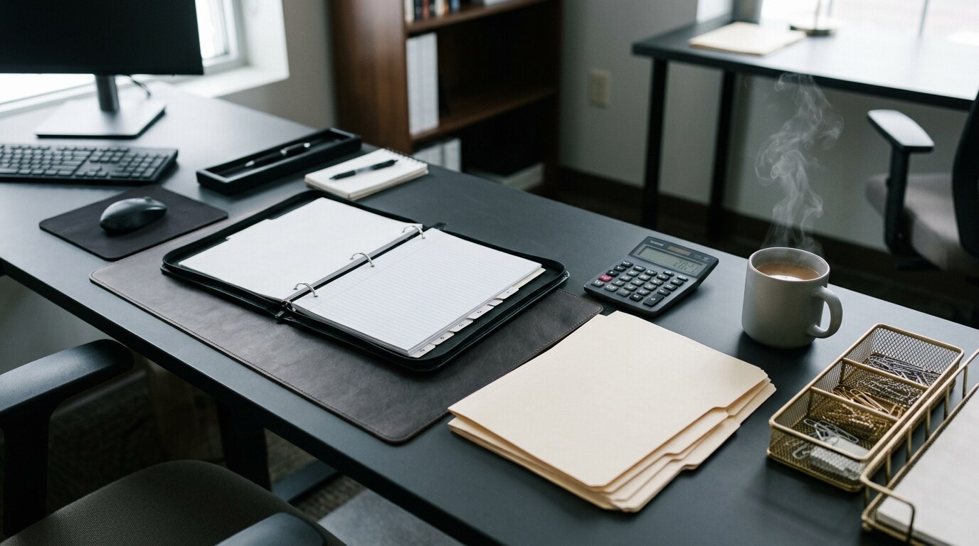 Attorney drafting a settlement demand letter with medical records and damages spreadsheet on desk