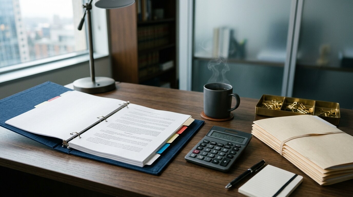 Law firm office with a desk, legal files, and a computer showing financial records