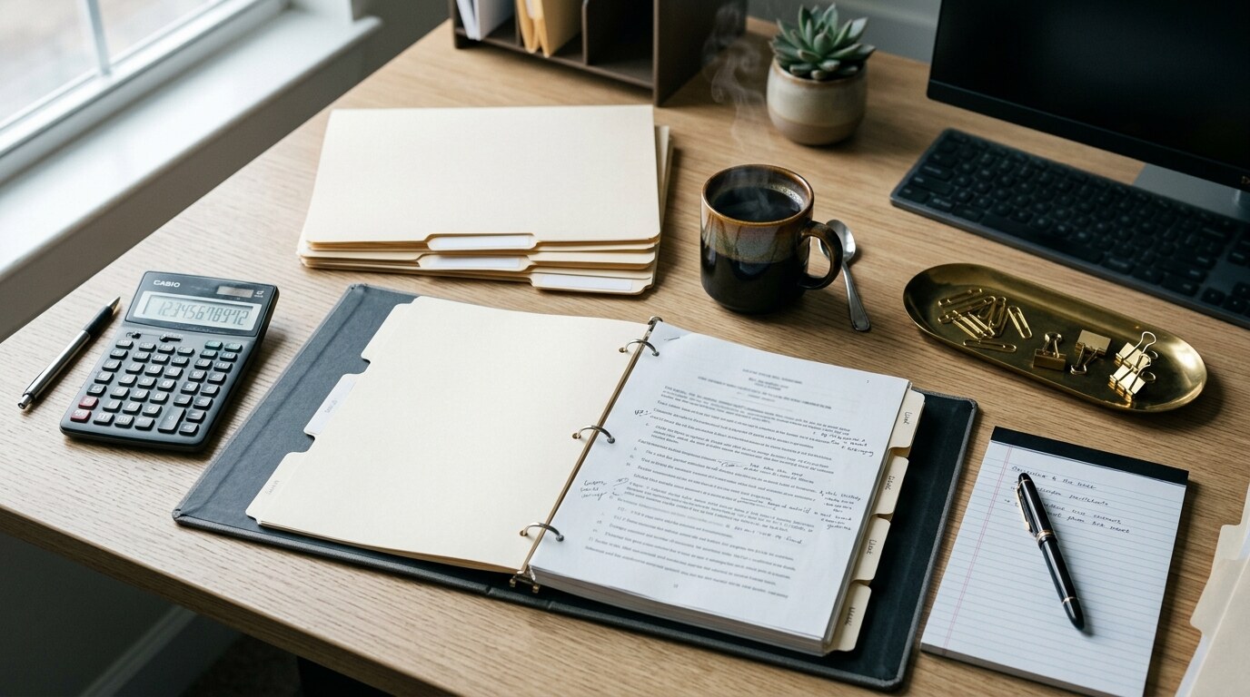 A paralegal reviewing a demand letter document at a law firm desk