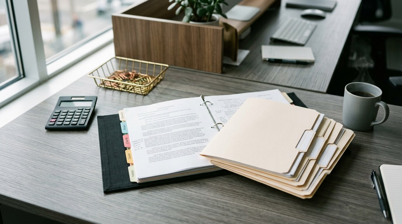 Accounting ledger showing case-cost entries beside a stack of receipts
