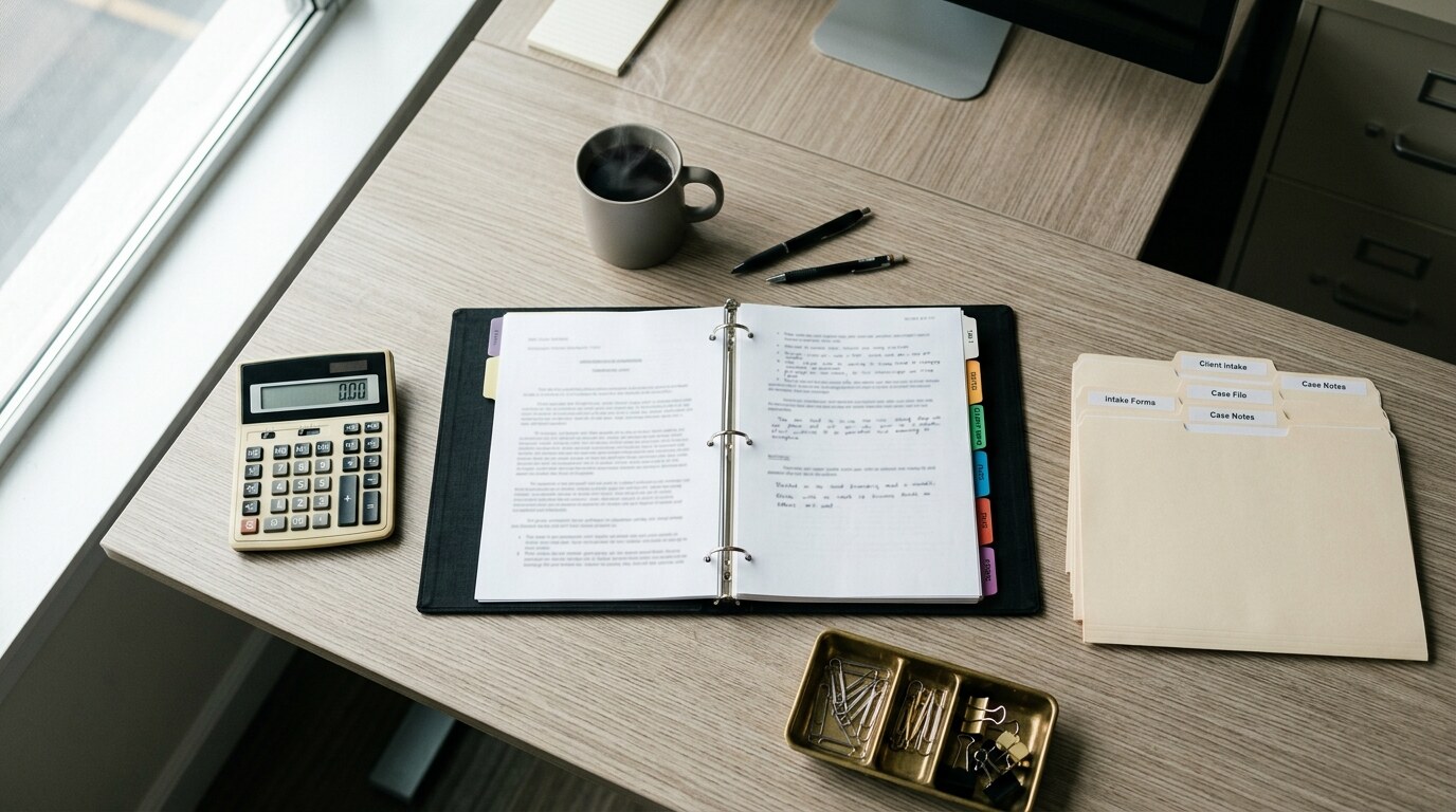 A law firm operations desk with a wall calendar, case files, and a laptop showing a docketing dashboard