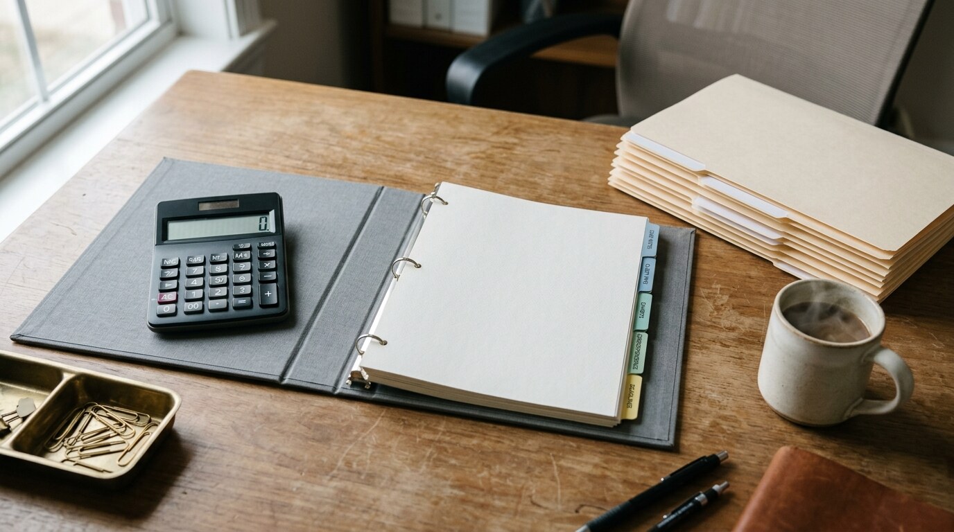 Law firm conference room with expert witness binder and case files arranged for trial prep