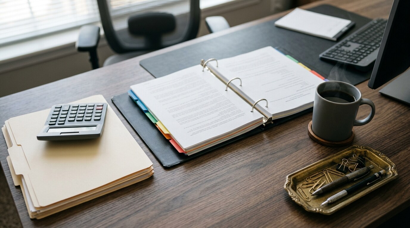 Paralegal reviewing stacked medical records folders at a desk with a laptop and notepad